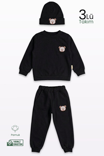 Lamonde Ayıcık Nakışlı Unisex 3'lü Eşofman Bereli 1-2-3-4-5-6 Yaş