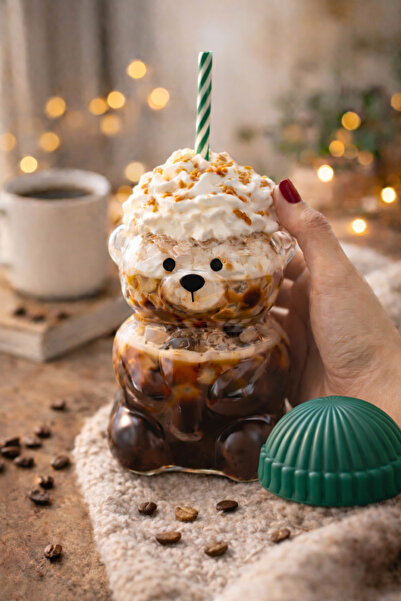 Viyalente Star Bearista Pipetli Cam Soğuk İçecek Bardağı Ayıcıklı Bardak Yeşi...