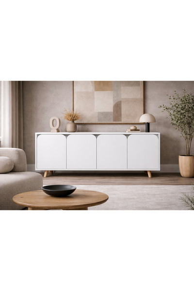 VM VERTEX MOBİLYA Lazio Bohem Ahşap Ayaklı Modern Konsol 180 Cm Beyaz