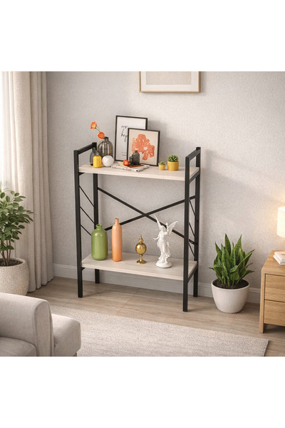 Golden Bark 2 shelves Coffee corner table, side table, bookcase - White/Black