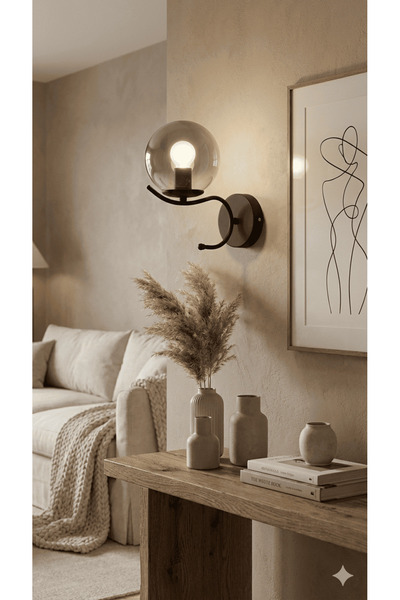 avizade MERLA Siyah Metal Tekli Füme Cam Pilli Aplik-Minimalist Duvar Lambası...