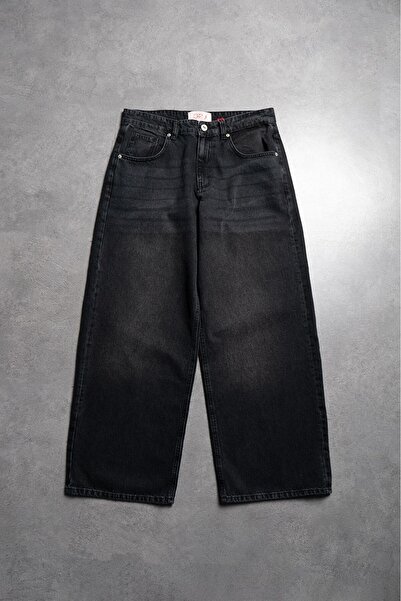 GRJ denim Midnight Fade Siyah Eskitme Wide Leg Super Baggy Erkek Jean Pantolon