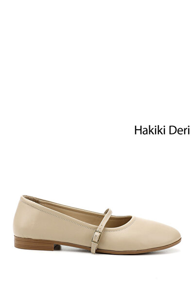GÖNDERİ(R) Women's Beige Antique Mary Jane Genuine Leather Ballerinas