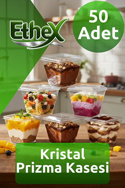 Ethex 50’li Plastik Prizma Kap 200 cc Düz Kapaklı Mika Kristal Tatlı Kasesi