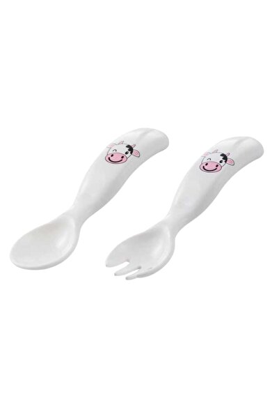 Mamajoo طقم شوكة وملعقة تغذية مريحة باللون الوردي والبقرة، للأطفال من عمر 6 أ...