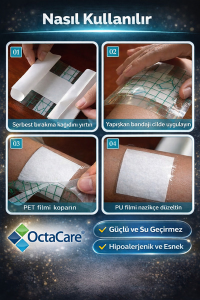 Octacare Su Geçirmez Şeffaf Pu Film Yara Örtüsü DÖVME ÖRTÜSÜ Octamed 9CMX10CM...