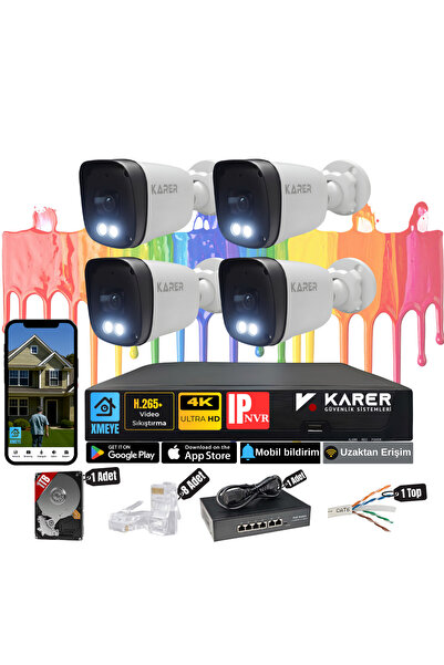 KARER 4 KAMERALI PRO 5MP IP POELİ-SESLİ-RENKLİ GECE GÖRÜŞ- İNSAN ve PLAKA ALG...