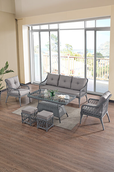 Evdemo Joy Rattan Puflu Bahçe Balkon Takımı 3+1+1+ Camlı Masa Gri