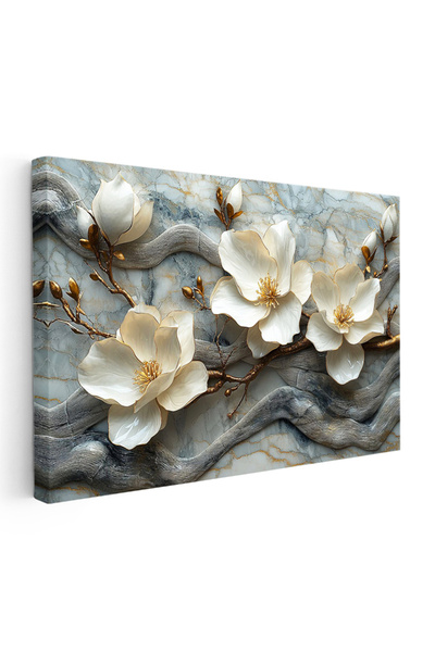 Tablofest Yatay Kanvas Tablo Mermer Görünümlü Manolya Dalı Çiçek Tablosu Ev O...