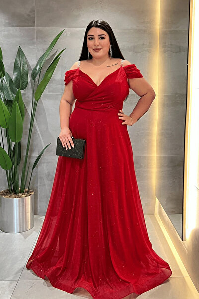 giyimmasalı Glittery Fabric Boat Neck Evening Dress - Red