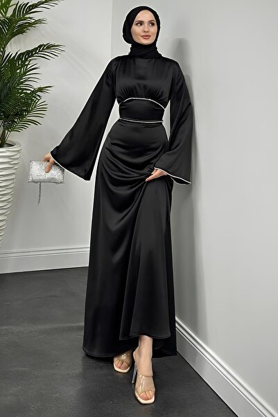 Aysan Moda Vlasi Kolu Ve Beli Taşlı Saten Abiye Siyah