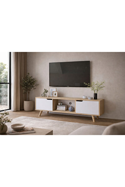 VM VERTEX MOBİLYA Siena Ahşap Ayaklı Tv Ünitesi Safir Meşe-beyaz Televizyon K...
