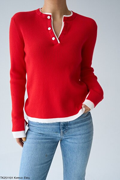 QUSTYLE Piped Button Collar Knitwear