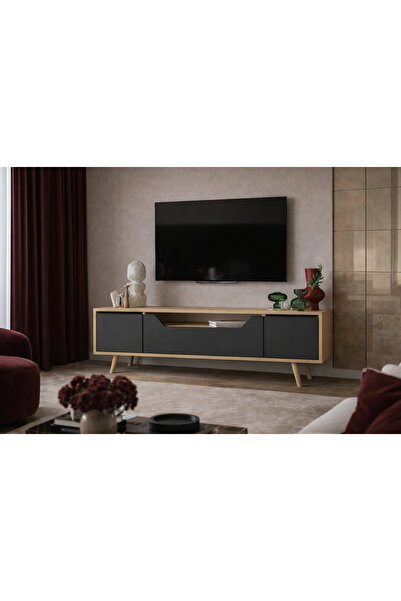 VM VERTEX MOBİLYA Roma Ahşap Ayaklı Tv Ünitesi Tv Sehpası Safir Meşe - Antras...