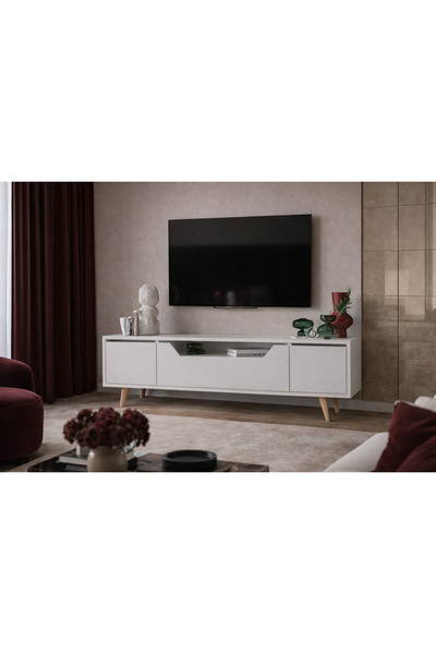 VM VERTEX MOBİLYA Roma Ahşap Ayaklı Tv Ünitesi Tv Sehpası Beyaz 150 Cm