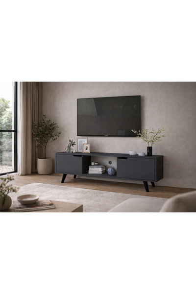 VM VERTEX MOBİLYA Siena Ahşap Ayaklı Tv Ünitesi Antrasit Televizyon Konsolu 1...