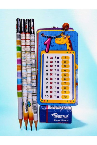sevgi kırtasiye Fatih 4-Piece Pencil Set, Eraser and Multiplication Table Card, Multiplication Table with Gift