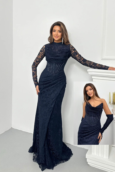 İyem Abiye Bolerolu Ve Kollu Dantel Desenli Taşlı Şık Tasarım Abiye Elbise Da...