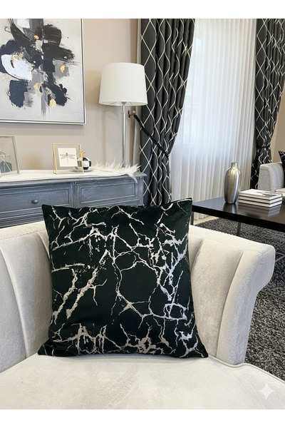 Brillant 2'li Kadife Kırlent Yastık Kılıfı Siyah-Gümüş Varaklı (45X45)