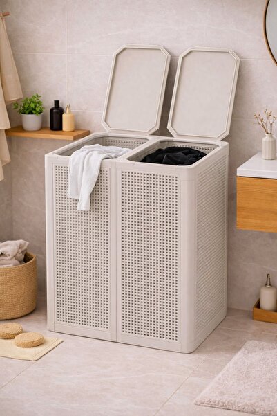 Alezy Twin İki Bölmeli Demonte Çamaşır Sepeti 84Lt Cappucino