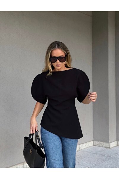 Be Best Жіноча чорна коротка блуза з асиметричними рукавами-ліхтариками BE371