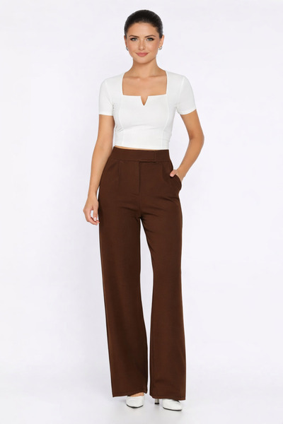 Ramior Γυναικείο υφασμάτινο παντελόνι Palazzo με λεπτομέρεια μέσης με καφέ Ve...