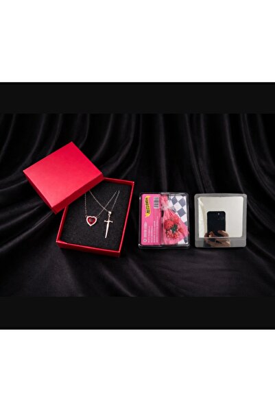 SAHET BUJİTERİ Kalp Taşlı ve Kılıç Figürlü Çift Kolye Seti – Kırmızı Hediye K...