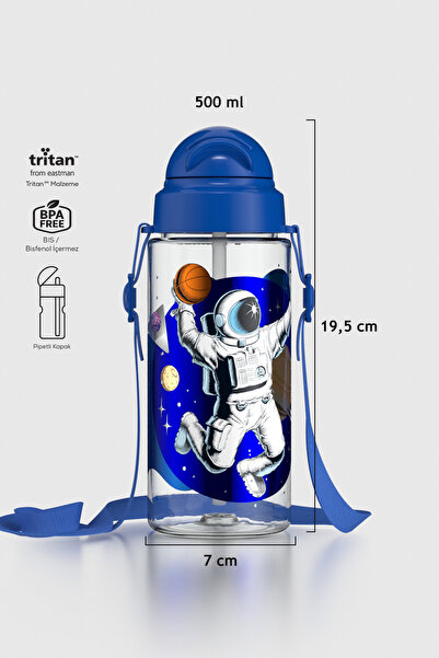 Renga Migo Desenli 500 ml Askılı Pipetli Tritan Çocuk Matara 912004 Mavi