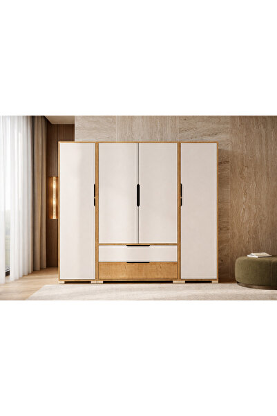 VM VERTEX MOBİLYA Flora 4 Kapaklı 2 Çekmeceli Gardırop Beyaz Elbise Dolabı