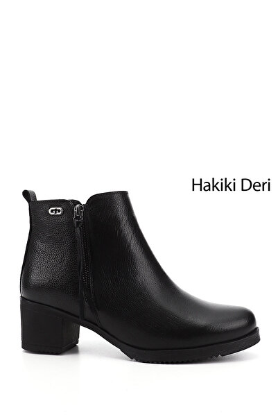 GÖNDERİ(R) Kadın Siyah Floter Fermuarlı Kalın Topuklu Hakiki Deri Bot
