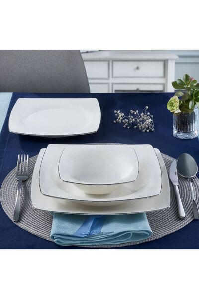 Güral Porselen Caroline 16 Parça 4 Kişilik Kare Bone Yemek Takımı Gümüş