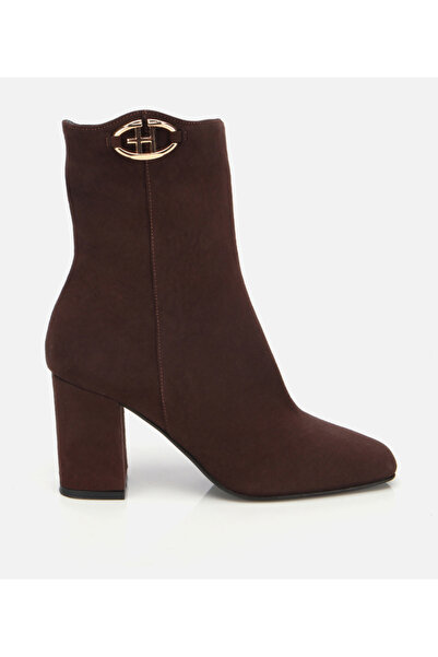 Hotiç Kadın Süet Deri Kahverengi Tokalı Kare Uçlu Bilekte Topuklu Bot