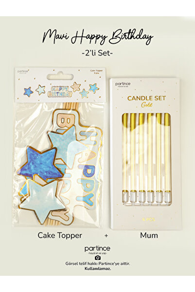 partince 2'li Set Mavi Tema Happy Birthday Cake Topper ve 6'lı Metalik Uzun G...