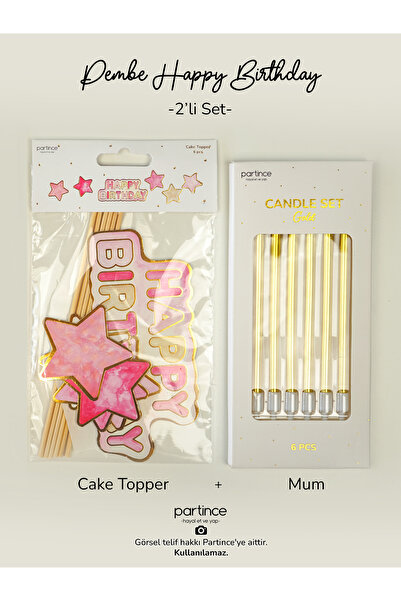 partince 2'li Set Pembe Tema Happy Birthday Cake Topper ve 6'lı Metalik Uzun ...
