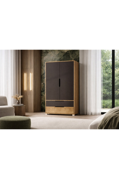 VM VERTEX MOBİLYA Flora 2 Kapaklı 2 Çekmeceli Gardırop Safir Meşe - Antrasit ...