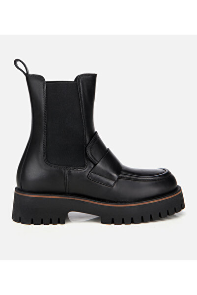 Hotiç Kadın Deri Siyah Lastik Detaylı Bantlı Düz Bot