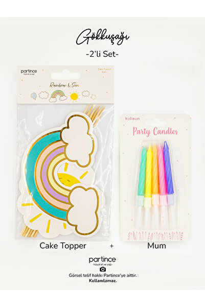 partince 2'li Set Gökkuşağı Tema Pasta Süsü Cake Topper Ve Klasik Pastel Renk...