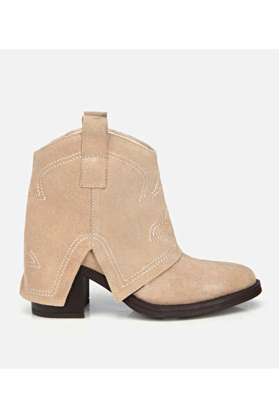 Hotiç Kadın Süet Deri Bej Dikiş Detaylı Kovboy /Western Topuklu Bot