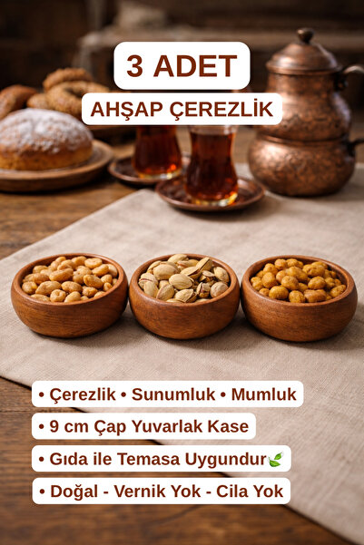 Çavdar Group Ahşap 3'lü Çerezlik Yuvarlak Doğal kayın Çerez Tabağı Sunumluk 3...