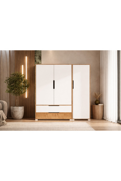 VM VERTEX MOBİLYA Flora 3 Kapaklı 2 Çekmeceli Gardırop Safir Meşe - Beyaz Elb...