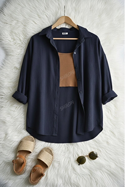 Shiron Sportswear&Company Kadın Lacivert Oversize Keten Gömlek %100 Pamuk