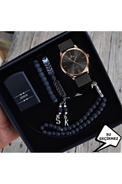 Ess Takı & Saat SU GEÇİRMEZ ERKEK KOL SAATİ ÇAKMAK TESBİH BİLEKLİK SETİ