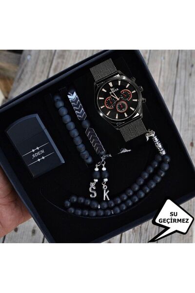 Ess Takı & Saat Erkek Kol Saati Takvimli Çakmak Tesbih Bileklik Seti Su Geçirmez