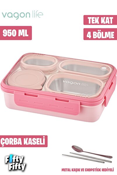 Vagonlife Lunch Box 950 ML Paslanmaz Çelik Tek Kat Dört Bölmeli Çorba Kaseli ...