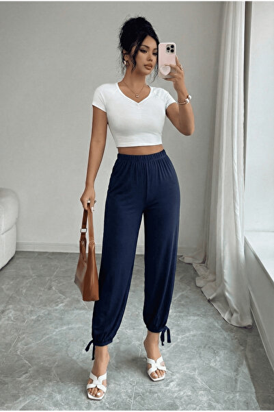 ESPİNA Жіночі сині штани з еластичним поясом, шнурівкою на штанинах, вільним ...