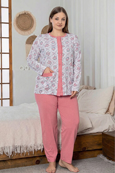 Farya Home طقم بيجامة قطني كبير الحجم بجيوب وزهور وأزرار أمامية