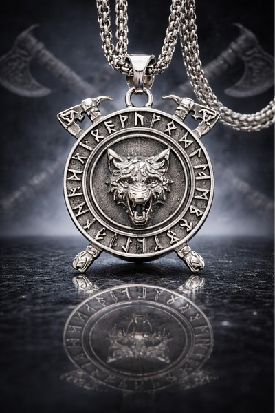 VİKİNGS قلادة مزدوجة الجوانب من الفولاذ المقاوم للصدأ - طقوس الفايكنج الفأس و...