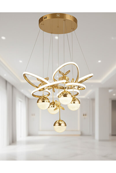 lüx aydınlatma Kelebek Modern 5li Gold Avize Yatak Odası - Hol - Salon