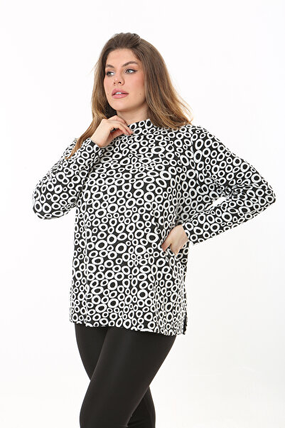 Şans Kadın Büyük Beden Siyah Sıfır Yaka Yan Yırtmaçlı Uzun Kollu Tunik 65N37502