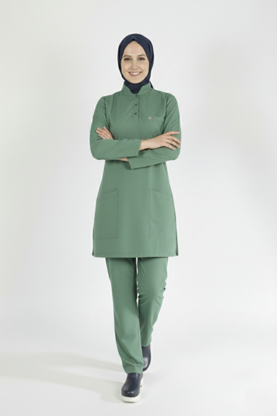 Pratik Medikal بدلة حجاب للممرضات من الليكرا باللون الأخضر